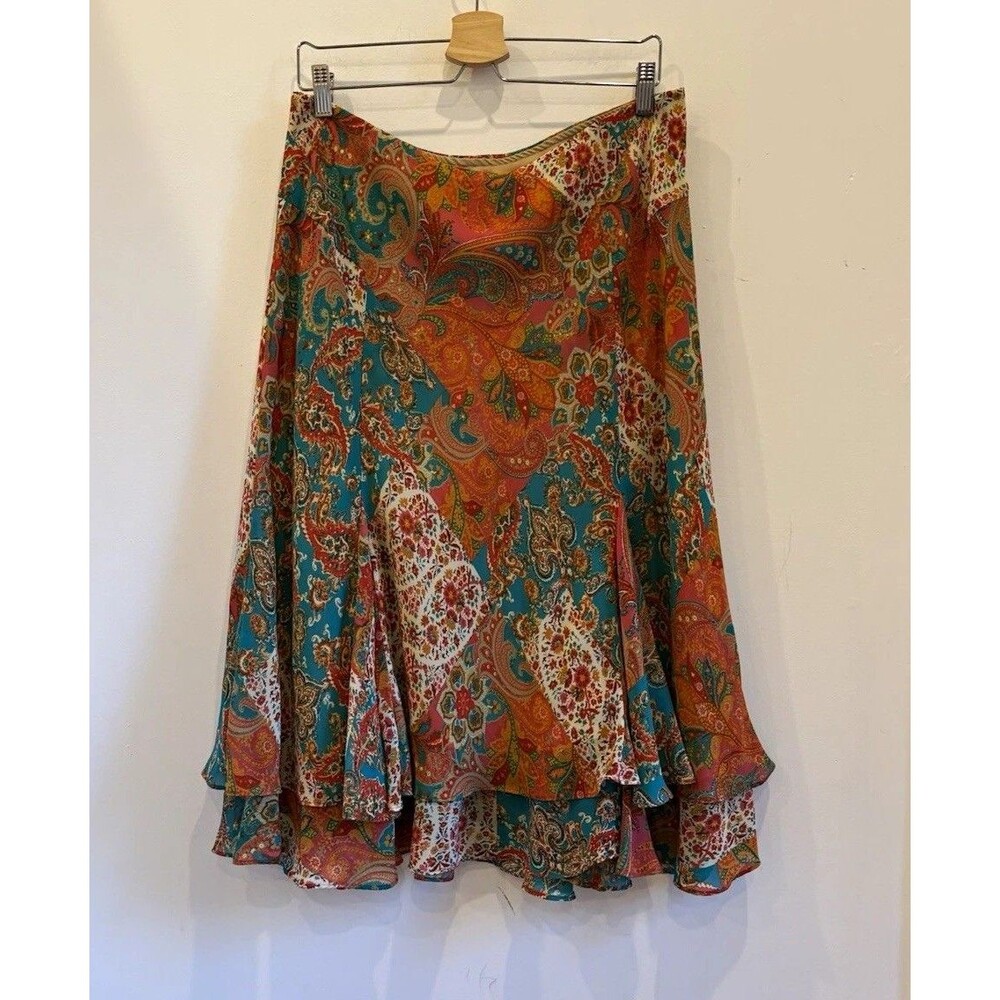 Chaps Multicolor Paisley Chiffon Lined Layered A-Line Skirt L elastic waist arts